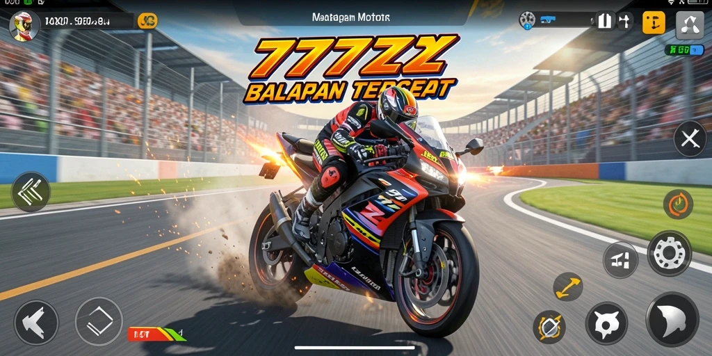 Screenshot gameplay 777ZX menunjukkan aksi balapan motor yang mendebarkan.