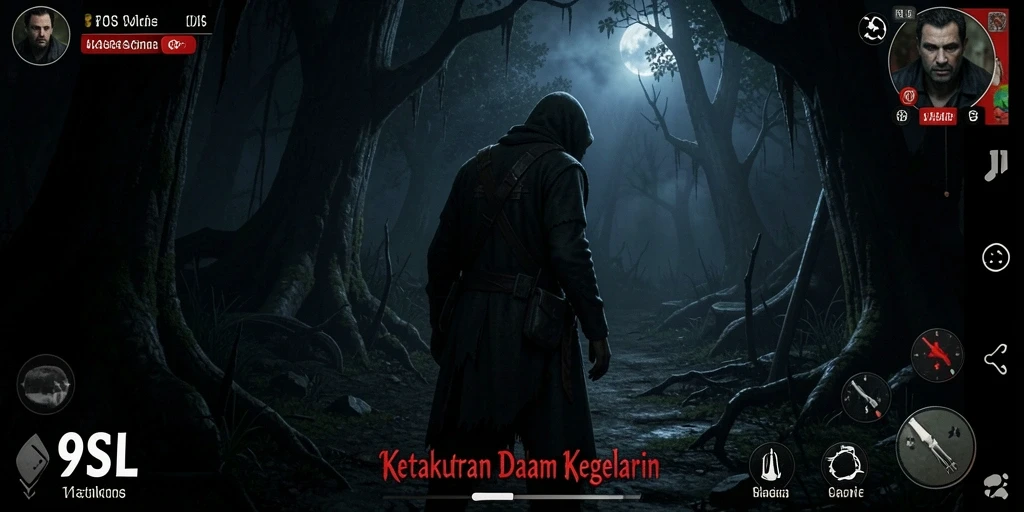 Screenshot menampilkan gameplay menakutkan di 9SL dengan suasana kegelapan yang mencekam.