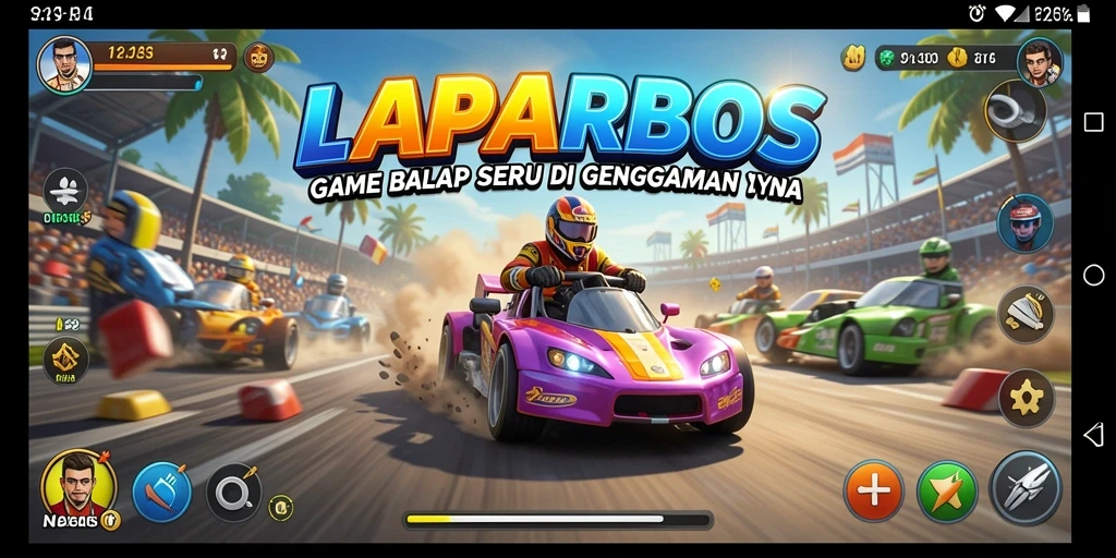 Screenshot utama LAPARBOS menampilkan aksi balap mendebarkan.