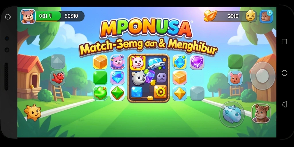 Tampilan gameplay MPONUSA dengan berbagai permata dan tantangan seru.