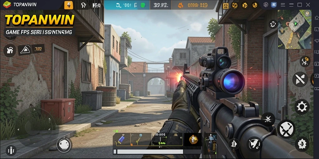 Screenshot gameplay intens dari TOPANWIN yang menunjukkan aksi FPS.