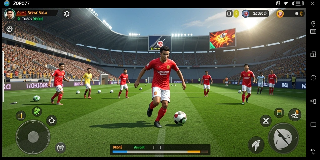 Screenshot permainan menunjukkan aksi seru di lapangan sepak bola.